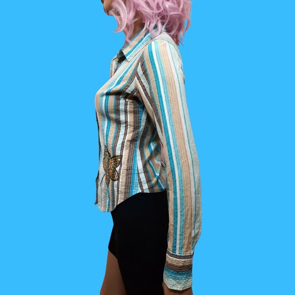 Vintage 90s Y2K Fitted Striped Button Up Shirt Size M Embroidered Blue Brown - Picture 3 of 7